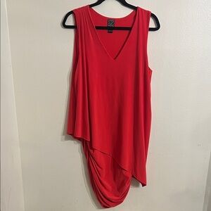 Clara Sun Woo Bright Coral Asymmetrical  V-Neck Stretch Jersey Knit Dress Large